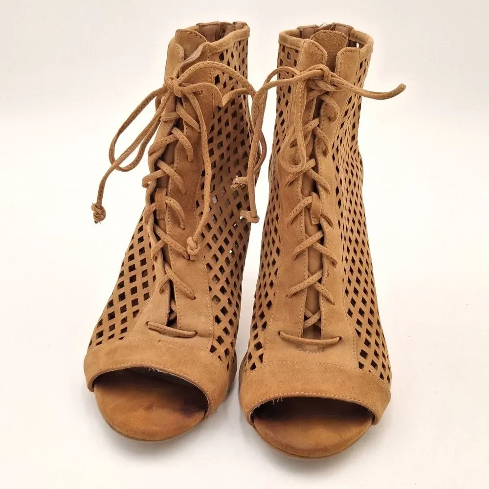 Rare Nine West Moustique Suede Sz 8M Women's Heeled Sandal Dark Natural Stiletto